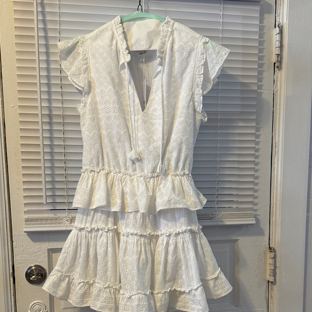 Misa Los Angeles White Eyelet Tiered Midi Dress